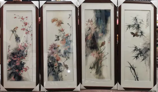 Bordado fino feito à mão com quatro telas, flor de ameixa, orquídea, bambu, crisântemo e bordado artesanal puro para a decoração do estudo