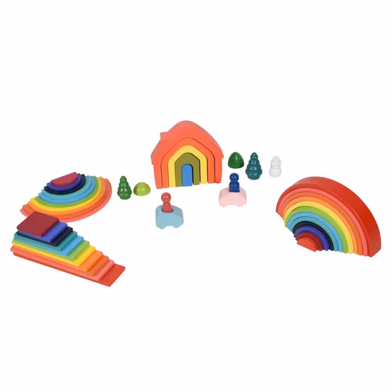 Arco-íris de madeira empilhando brinquedos Montessori