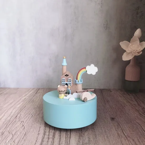 Novo design de madeira arco-íris avião céu castelo caixa de música brinquedo